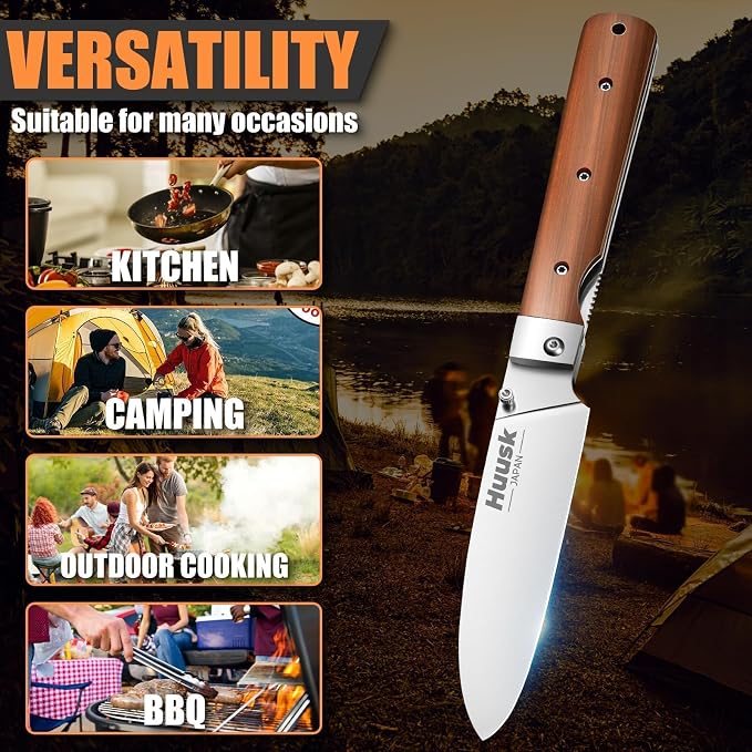Huusk Folding Chef Pocket Knife-Japanese Santoku Knive, edc Kitchen Knives | 440C Stainless Steel, Ultra Sharp Blade, Wooden Handle, Gift Box, Portable Meat Knives for Vegetable