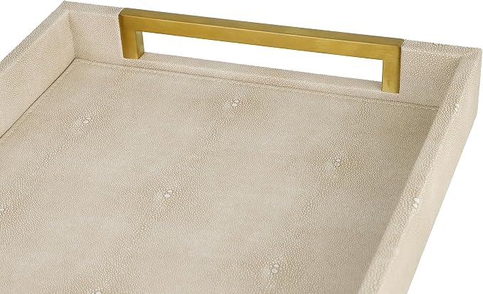 HofferRuffer Faux Leather Serving Tray with Gold Metal Handles, Stylish Decorative Tray Organizer for Coffee Table, Ottoman, Home Decor and Serving (LightGrey Shagreen, 16.2" x 12.2" x 2")