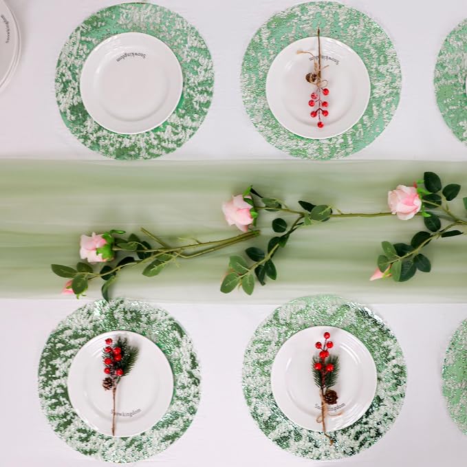 Snowkingdom 24 Pcs Sage Green Placemats, Disposable 13" Round Table Mats with Metallic Foil Glitter Paper doilies Chargers Centerpiece, Wedding Holiday Christmas Thanksgiving Party Dining Table Decor