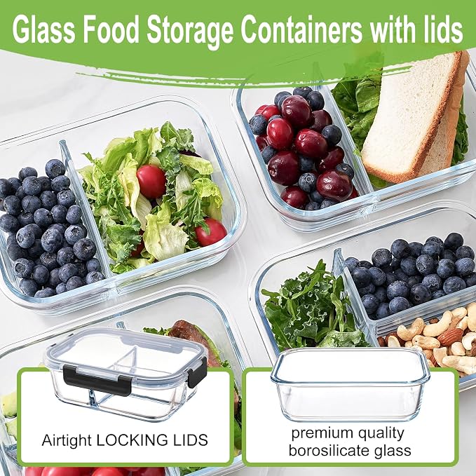 6 Pack Glass Storage Containers with Lids, 1 & 2 & 3 Compartments | 6-Pack Divided Glass Food Storage Containers, Airtight Leakproof, BPA-Free, Microwave/Dishwasher/Freezer Safe, Stackable