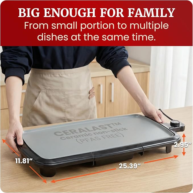 Elite Gourmet Electric Griddle, Ceralast Non-Stick, 10"x20" Black/Grey | PFAS-Free Ceramic, Cool-Touch Handles, Removable/Adjustable Thermostat, Easy-Clean Grease Tray, Great for Pancakes