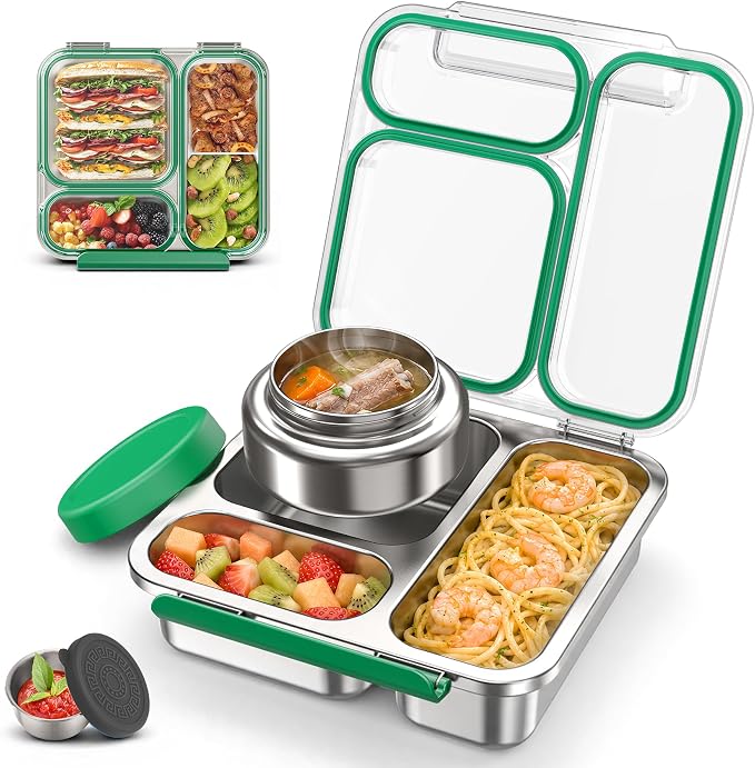 Stainless Steel Bento Box Kids Adult with 7oz Soup Thermo, Transparent Lid 3 Compartments Metal Bento Lunch Box with Insulated Food Jar,Lunch Box Container Sauce Cup for School,BPA-Free (Green)