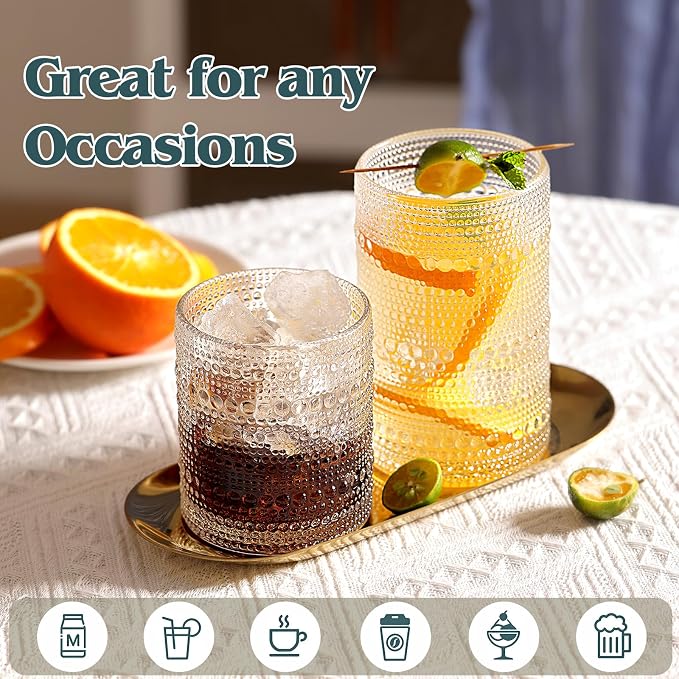 Moretoes Vintage Hobnail Drinking Glasses Set of 12 | 15 Oz Highball Glasses & 10 Oz Cocktail Glasses, Glass Cups Kitchen Bar Tumbler Glassware Set for Whiskey, Beer, Juice, Milk