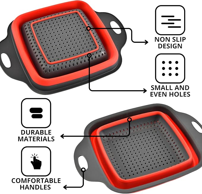Square Collapsible Colander with Handles – Red Square Silicone Kitchen Strainers with Plastic Handles Foldable Kitchen Strainer Perfect for Draining Pasta Vegetable and Fruit Red