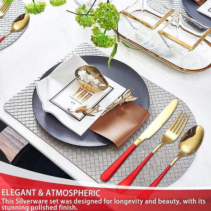 24 Pieces Silverware Set, Stainless Steel Flatware Set with Silverware Holder Spoons Forks Knives,Utensils Set Service for 6,Gold Mirror Polished and Matte Painted Cutlery Set (Red)