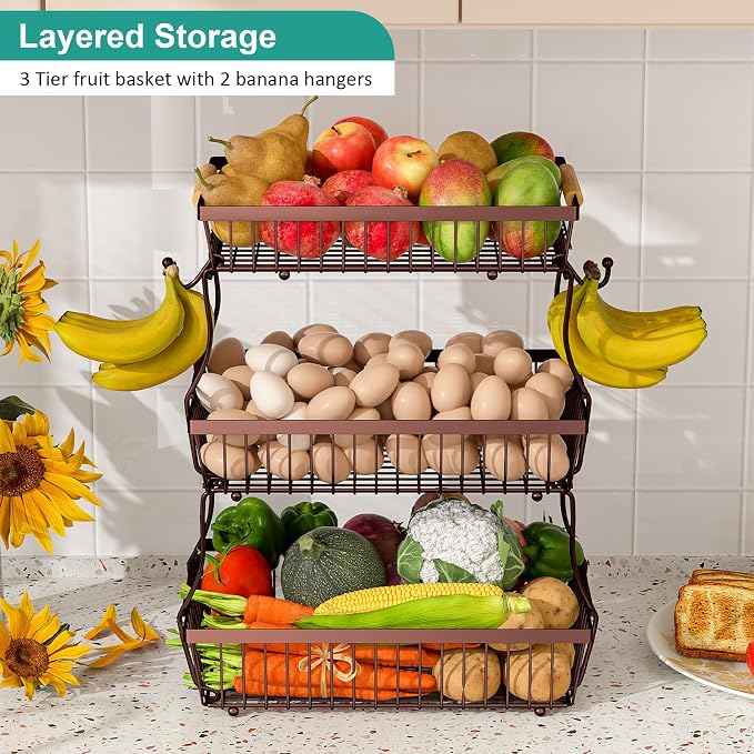 3 Tier Fruit Basket for Kitchen Counter with 2 Banana Hangers, Countertop Metal Fruit Bowl with Wooden Handle, Large Storage Stand for Vegetables, Snacks, Breads, Produce Storage – Brown