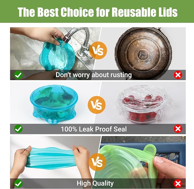Silicone Stretch Lids for Food Storage in Fridge, Reusable Elastic Bowl Covers for Cup, Cans, Jars, Round & Rectangle Container, Food Grade Silicone Microwave Food Cover, Heat-Resistant, Blue, 6PCS