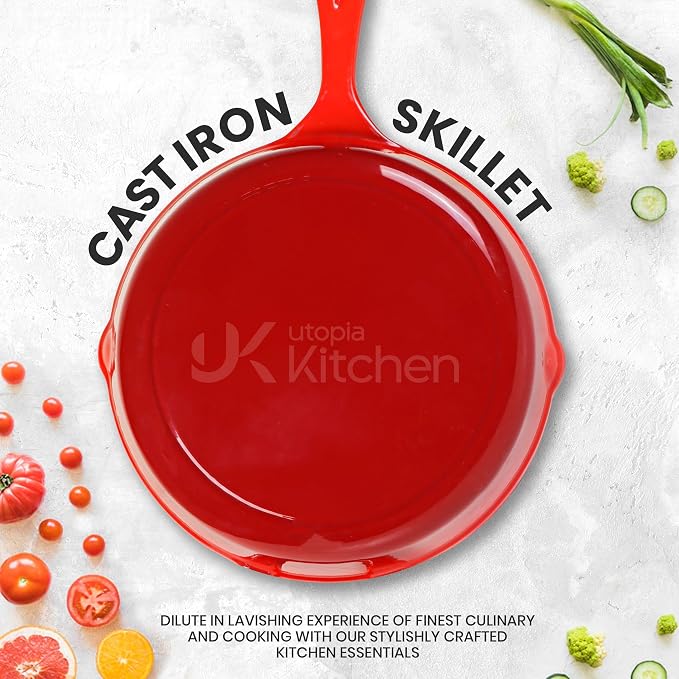 Utopia Kitchen Cast Iron Skillet Set 3 Piece 6 8 10 Inch PFAS-Free Red | Chef Pan, Even Heat Distribution, Stovetop, Campfire and Grill Safe, Large Skillet Set, Indoor Outdoor Use