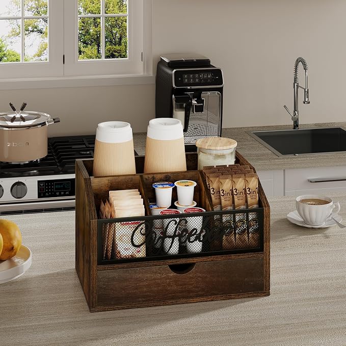 YINMIT Coffee Station Organizer with Drawer for Countertop, Wood Coffee Bar Organizer with Removable Dividers for Pods, Syrup, Cups, Stirrer, Tea, Iron Mesh-Vintage Brown, 2 Tier