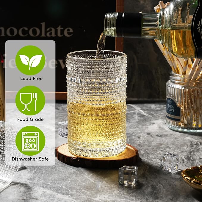 Moretoes 12 Oz Hobnail Drinking Glasses Set of 12 | Clear Highball Glasses Cups Vintage Kitchen Bar Tumbler Glassware Set for Whiskey, Beer, Juice, Milk and Various Mixed Drinks