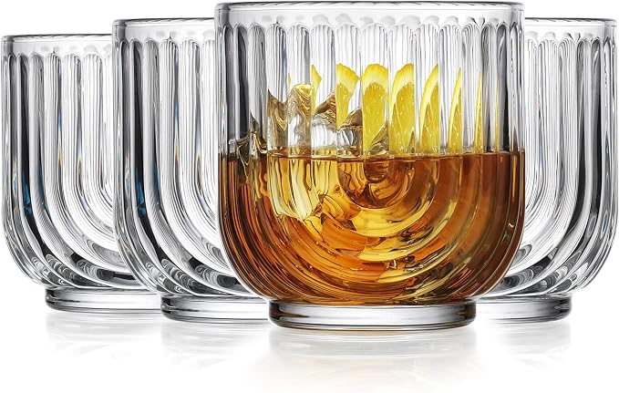Glaver's Vintage Glassware Art Deco Glasse Ribbed Drinking Glasses U-Shape Arch Design Colored Cocktail Kitchen Tumblers Everyday Dinner Decorative Party (Clear S/4 11oz)