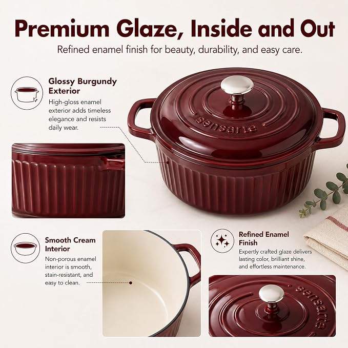 SENSARTE 5.5QT Dutch Oven with Lid, Enameled Cast Iron Dutch Pot Oven Safe | Casserole Dish for Bread Baking, Stock Pot for Stews, Braising, Features Moisture-Sealing Lid, Kitchen Essentials, Red