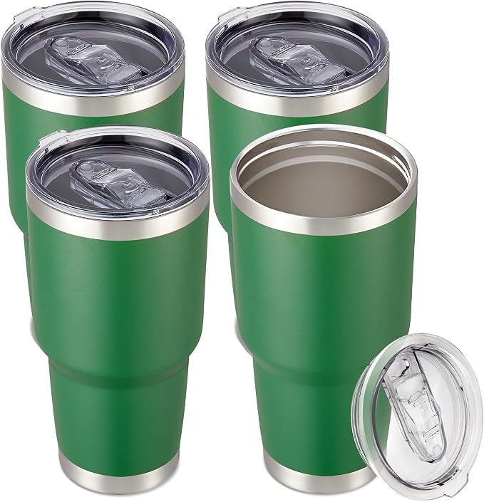 30 oz Tumbler with Lid Stainless Steel Tumblers Bulk, 4 Pack | Vacuum Insulated Cup, Leak Proof Lid, Powder Coated Travel Mug, Double Wall, Keep Cold Drinks for 12 Hours, Dark Green