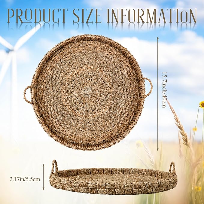 Large 15.7 Inches Rattan Round Serving Tray with Handles Round Braided Bankuan Basket with Handles for Decorative Coffee Table Fruit Bread
