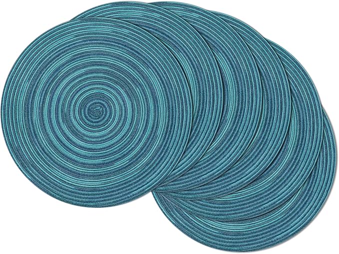 SHACOS 15 inch Round Placemats Set of 6 Variegated Multicolor Place Mats Cotton Polyester Braided Non Slip Washable Heat Resistant Table Mats for Home Wedding Dinner Party Table Decor, Rainbow Teal