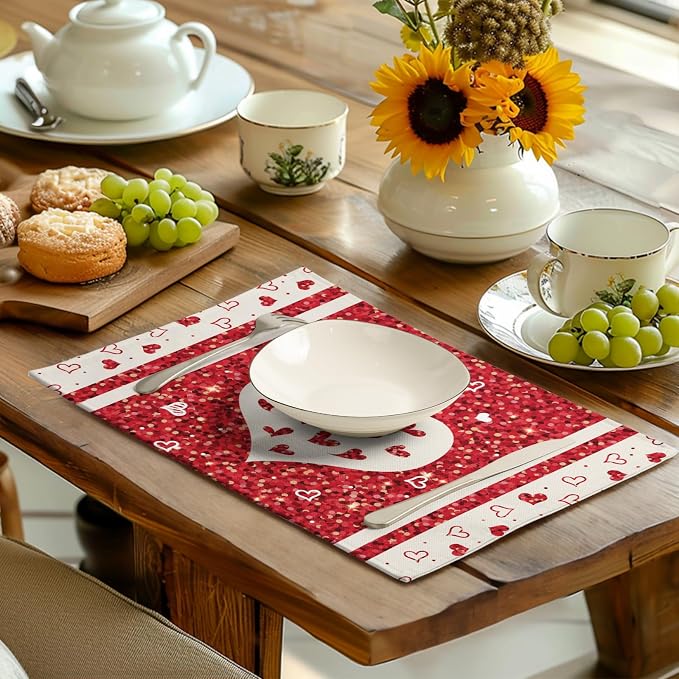 Valentine Hearts Placemats Set of 4, 12x18 Inch Red White Love Heart Linen Table Mats Romantic Wedding Heat Resistant Washable Place Mat for Party Kitchen Dining Outdoor Indoor Decor