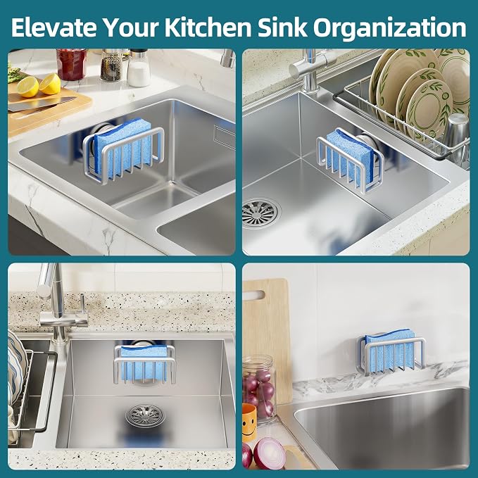 TAILI Sink Caddy with Strong Suction Cup, Sponge Holder for Kitchen-Silver | Sponge Caddy for Kitchen Sink Oganizer, Removable Rustproof Aluminum Sponge Holder for Dish Brush, Scraper, Scrubber