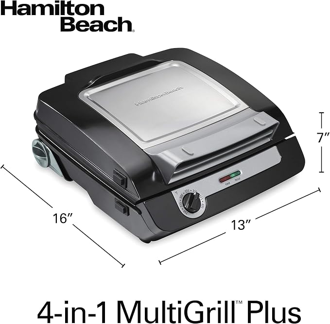 Hamilton Beach 4-in-1 Electric Indoor Grill & Electric Griddle Combo | 200 sq. in. PFAS-Free Non-Stick Cooking Surface Opens | Removable Interchangeable Grill & Griddle Plates | Black & Silver