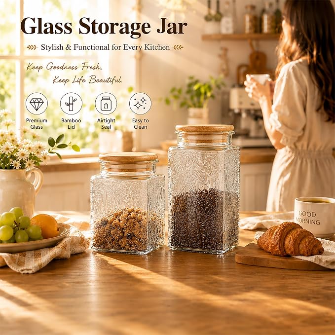 Glass Storage Jars With Airtight Lid, 35oz Canister For Kitchen Counter with Bamboo Lid, brown sugar, candy, coffee, cookie, salt, tea,pantry cute Jar (Large Square Sunflower)