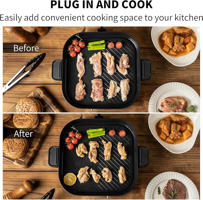 Nonstick 2-in-1 Electric Griddle & Flat Grill, High Power 1200W | PFOA-Free Surface, Tongs Included, Easy to Clean