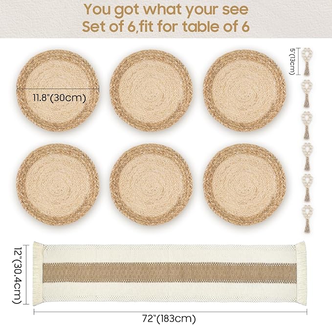 Placemats Set of 6,Natural Round Placemats with Table Runner & Napkin Rings | Made of Cotton Burlap and Corn Husk,Protective,Heat-Resistant,Non-Slip Boho Table Mats Fall Placemats for Dining Table Décor