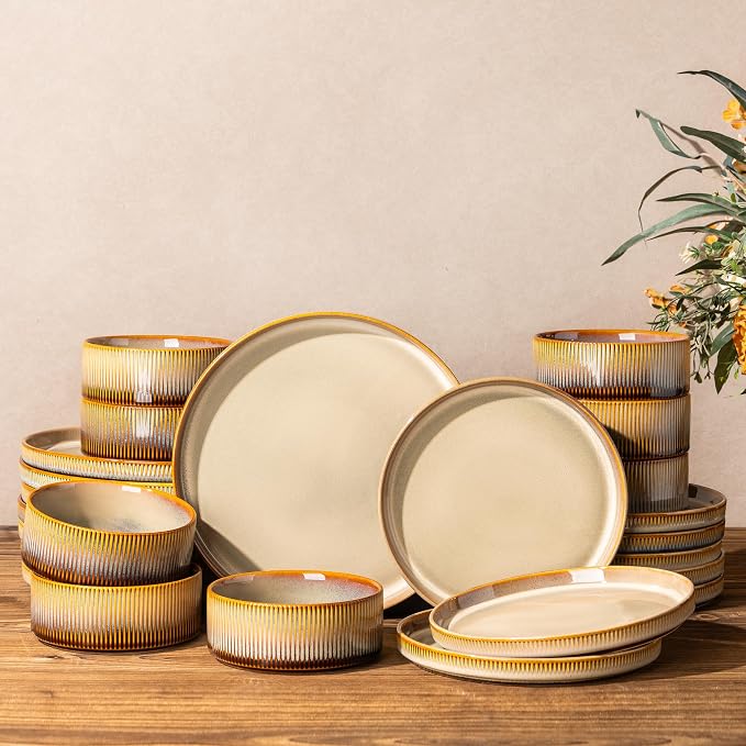 Ceramic Dinnerware Set for 8, 24-Piece Plates and Bowls Set | Lightweight Porcelain Dish Set, Scratch Resistant, Oven & Microwave & Dishwasher Safe, Creamy Amber