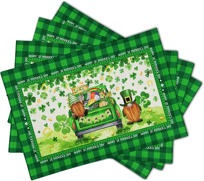 St. Patrick's Day Placemats 12x18 Inch Gnomes Truck Shamrock Clover Gold Coin Heat Resistant Table Mats Set of 4 Green Buffalo Plaid Washable Place Mats for Home Kitchen Dining Holiday Party