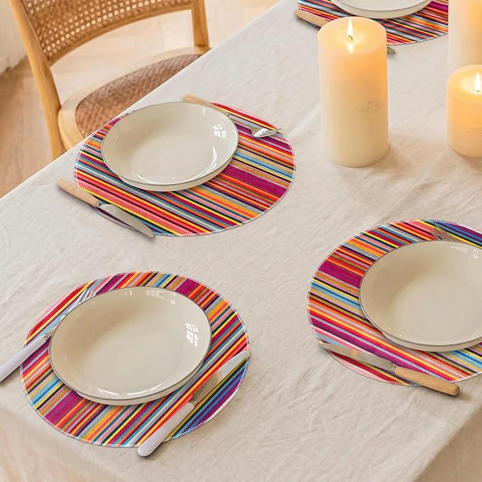 Bright Colorful Striped Round Placemats Set of 6, 12x18 Inch Mexican Rainbow Colored Geometric Pattern Table Mats for Holiday Party Kitchen Dining Room Decoration