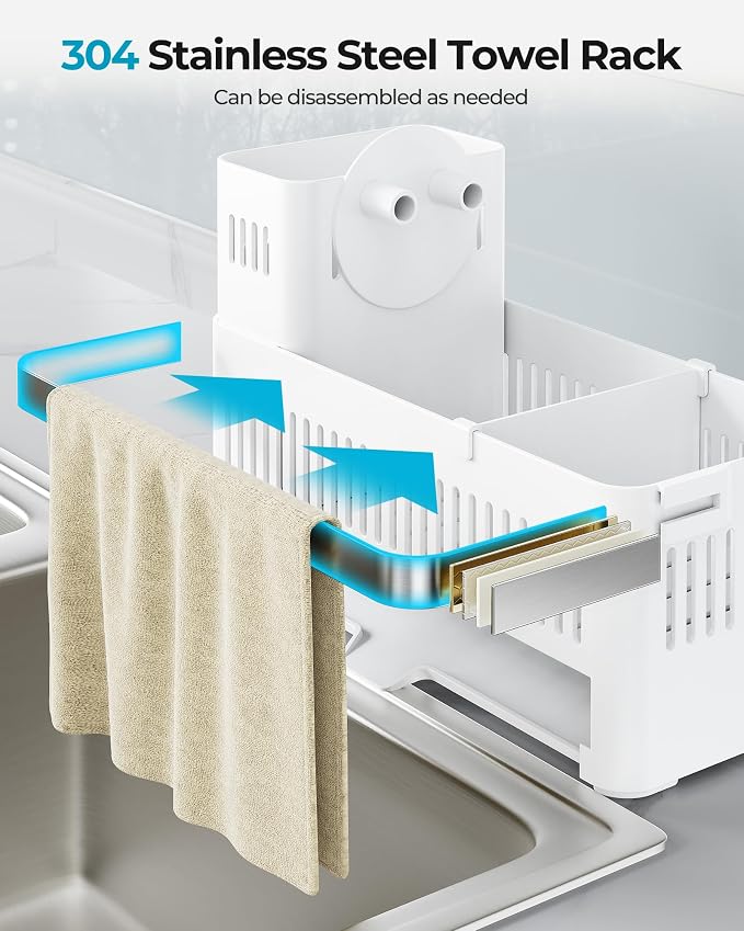 Nieifi Sponge Holder, White Rustproof ABS Sink Caddy with Towel Rack | Smiley Sponge and Brush Holders with Drainage to Keep Items Dry. 10"L x 4.5"D. Kitchen Counter Organizer & Essential Storage.