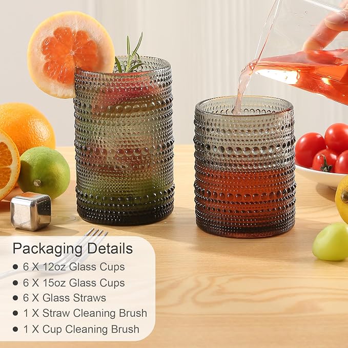 ZMOWIPDL Drinking Glasses Set of 12,Grey 12oz & 15oz Hobnail Glass Cups | Vintage Glassware，Embossed Water Tumbler,for Beer,Cocktail,Whiskey,Juice and Various Mixed Drinks- 1 Cleaning Brush