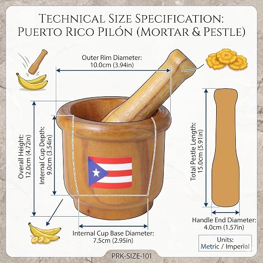 Puerto Rico Pilon – Traditional Wooden Mortar and Pestle – Boricua Kitchen Tool for Mofongo, Garlic, Sofrito and Caribbean Puerto Rican Style Cooking (Med Size 4.72 x3.94 Inch)