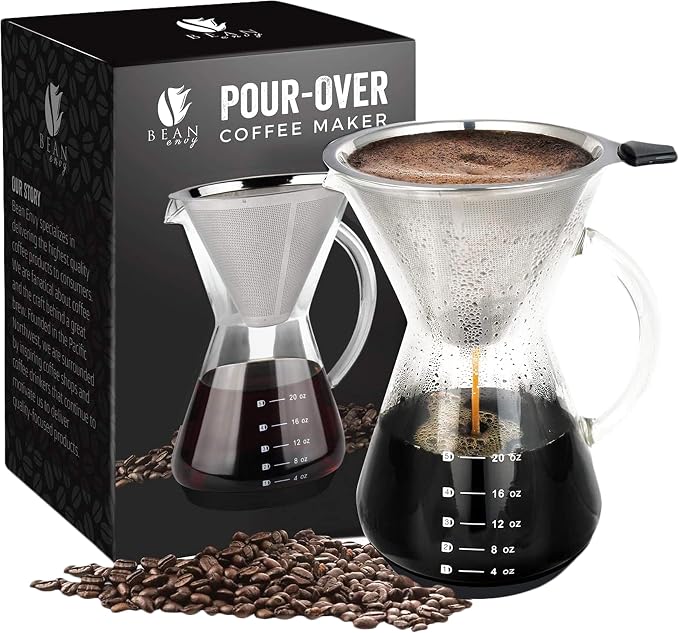 Bean Envy Pour Over Coffee Maker - Glass Dripper with Steel Filter 20 Oz | Dishwasher Safe, Borosilicate Carafe, Reusable Stainless Mesh, Non-Toxic, Silicone Base, Manual Drip Brewer