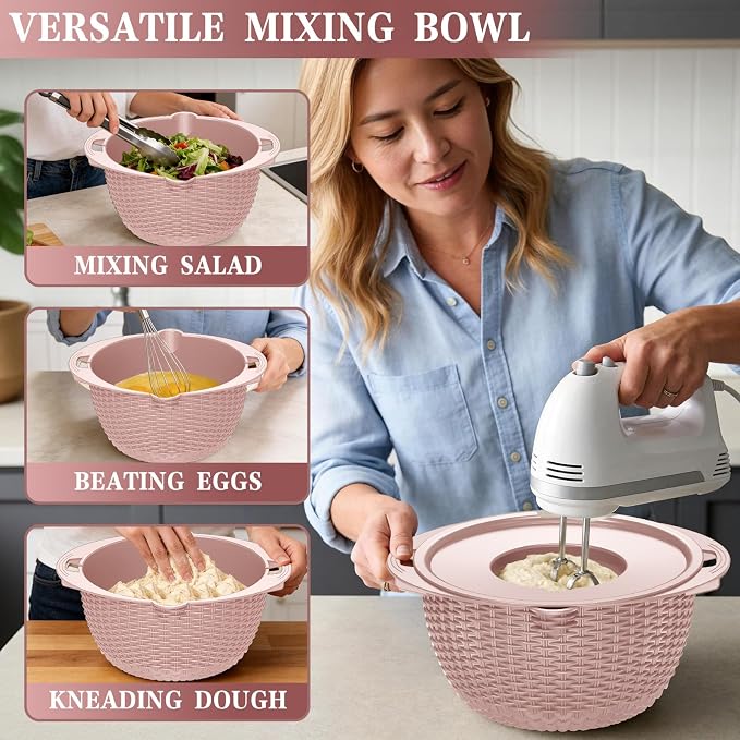 4-1 Strainer Bowl with Lid Set - Strainers and Colanders, Colander for Kitchen, Pasta Strainer, Fruit Cleaner, Veggie Wash, Funny Kitchen Present, Fruit Washing Bowl, Cooking Present for Women - Pink