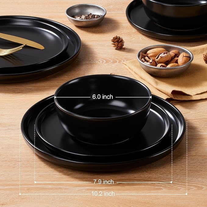 LIANYU Porcelain Dinnerware Sets, 12 Piece Dishes Set for 4, Black Onyx | Ceramic Durable Plates and Bowls, Chip and Scratch Resistant Dishware Dishes Set, Dishwasher & Microwave Safe Stoneware Set