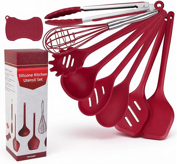 Kitchen Utensils Set,9 PCS Silicone Cooking Utensils Set Spatula Set,Cooking Utensils Tool,Tongs,Spoon,Whisk,Brush,Dishwasher Safe Kitchen Gadgets for Non-Stick Cookware,Home Essential(Red)