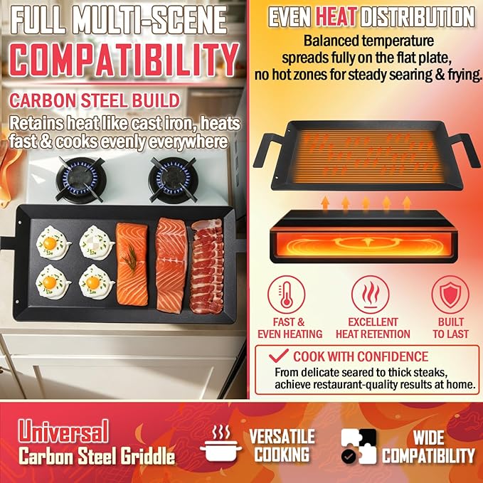 Universal Carbon Steel Griddle for Gas Grill, Stove top & Induction Cooktop | Griddle Pan Fits Versatile Stovetop Oven; Flat Top Plate for Charbroil Etc. All Gas & Charcoal Grill 24" x 10" with gloves