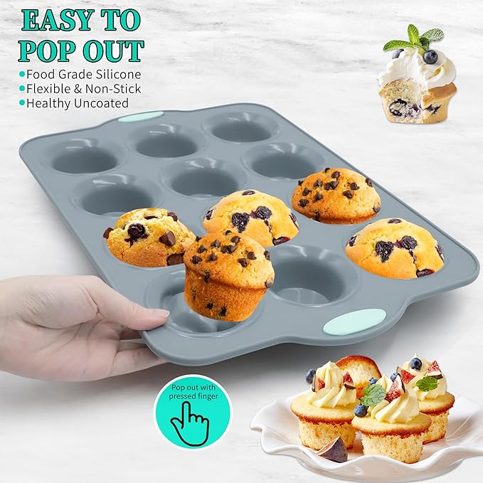 2Pack Silicone Muffin Pan with Metal Frame, 12 Cup Regular Size Cupcake Pan, Non-Stick Baking Tray, Food Grade Baking Molds for Oven, Dishwasher Safe