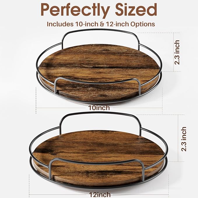 LAMU 2 Pack 10'' 12'' Lazy Susan Turntable Organizer for Table Top Cabinet, Wooden Lazy Susan for Kitchen, Pantry, Countertop, Bathroom Vanity, Spice Organization, Wood Decor