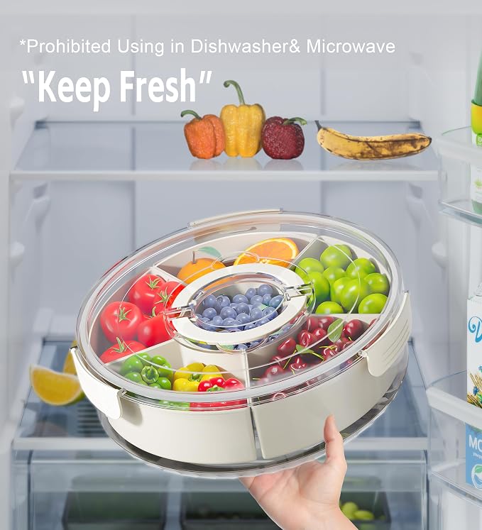 Divided Rotating Serving Tray with Lid and Handle, Portable Snackle Box for Fruits Snacks Veggie Charcuterie, Clear Lazy Susan Organizer and Fridge Storage Container for Adults Child (1PCS,12" L