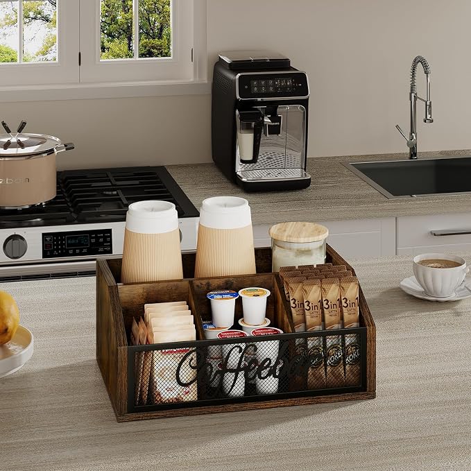 YINMIT Coffee Station Organizer for Countertop, Wood Coffee Bar Organizer with Removable Dividers for Pods, Syrup, Cups, Stirrer, Tea - Office Coffee Bar Accessories, Iron Mesh-Vintage Brown
