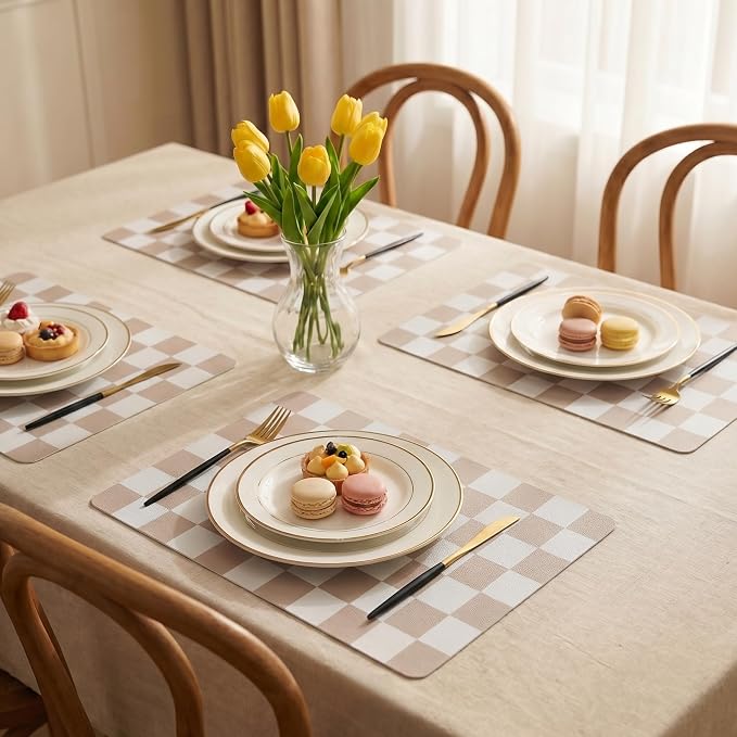 Set of 6 Checkerboard Non-Slip Washable Placemats for Dining Table | Waterproof & Heat-Resistant Faux Leather Mats | Easy Wipe Clean Tablemats for Indoor Dining, 17’’×12’’, Sage Green