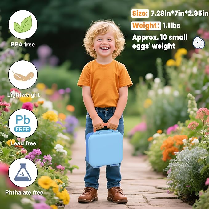 Bento Lunch Box for Kids with 9oz Thermo, Waterproof Kids Stickers, Leak-proof Lunch Containers with 3 Compartments,Kids-friendly Size,Durable/Dishwasher Safe Lunch Box for School Outdoors-Blue