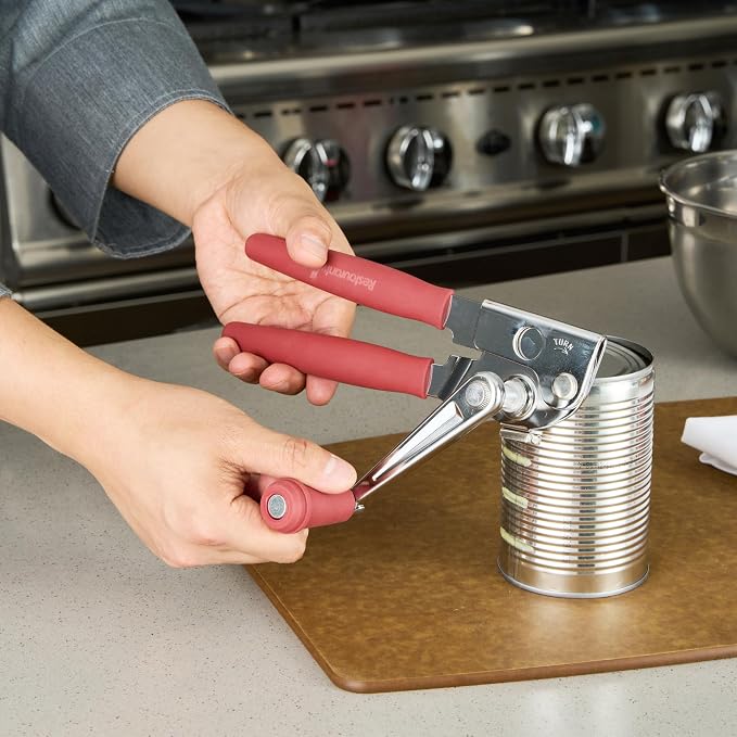 Restaurantware Stainless Steel Magnetic Manual Can Opener - German Standard Red Crank Can Opener with Magnet, Ergonomic Handles, Non-Slip - Heavy-Duty Hand Can Opener, Easy Turn, Sharp Blade