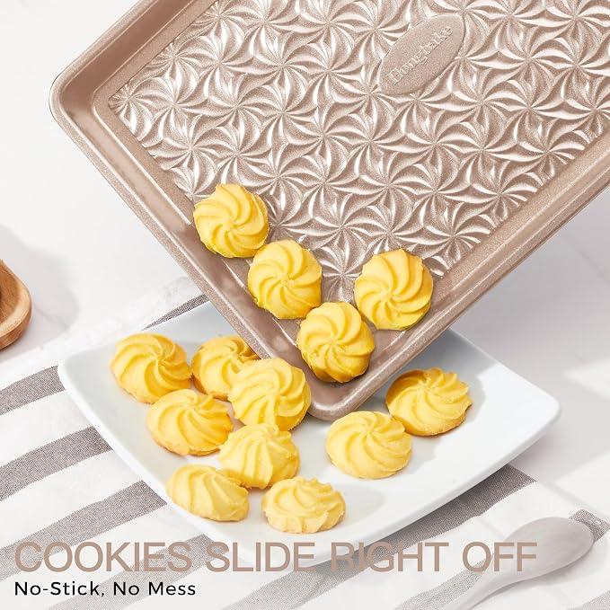 Nonstick Baking Sheet Pan Set of 3, Cookie Sheets for Oven, Non-Toxic Half/Quarter/Jelly Roll Pans with Floral Swirl Texture, Heavy Duty 0.8mm Thick Oven Trays for Cooking, Champagne Gold