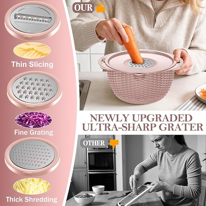 4-1 Strainer Bowl with Lid Set - Strainers and Colanders, Colander for Kitchen, Pasta Strainer, Fruit Cleaner, Veggie Wash, Funny Kitchen Present, Fruit Washing Bowl, Cooking Present for Women - Pink