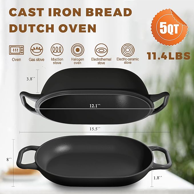 12 x 8 Inch 5QT Oval Dutch Oven for Bread Baking, Cast Iron | Bread Oven with Lid for Sourdough Baking, Dutch Oven Bread Loaf Pan Creates Crispy Crust for Artisan Homemade Bread