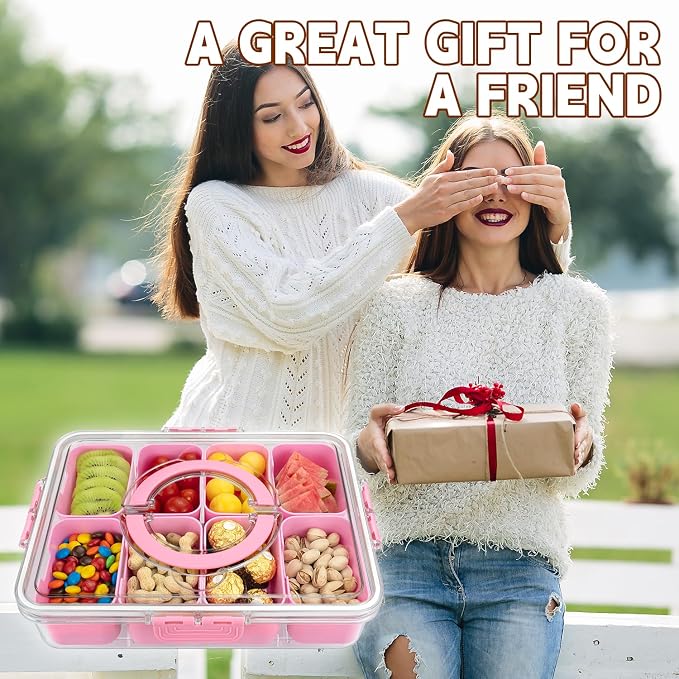 Divided Serving Tray with Lid and Handle,8 Compartments Snacks Box,Snack Fruit Tray,Veggie Tray,Portable Platter for Candy Fruits Nuts Snack Party Entertaining Picnic (2PCS Pink)