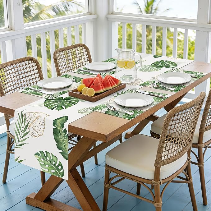Bonhause Tropical Palm Leaves Monstera Placemats Set of 4, 12x18 Inch Summer Hawaiian Green Plants Kitchen Dining Table Mats Washable Place Mats for Indoor Outdoor Home Party Decor