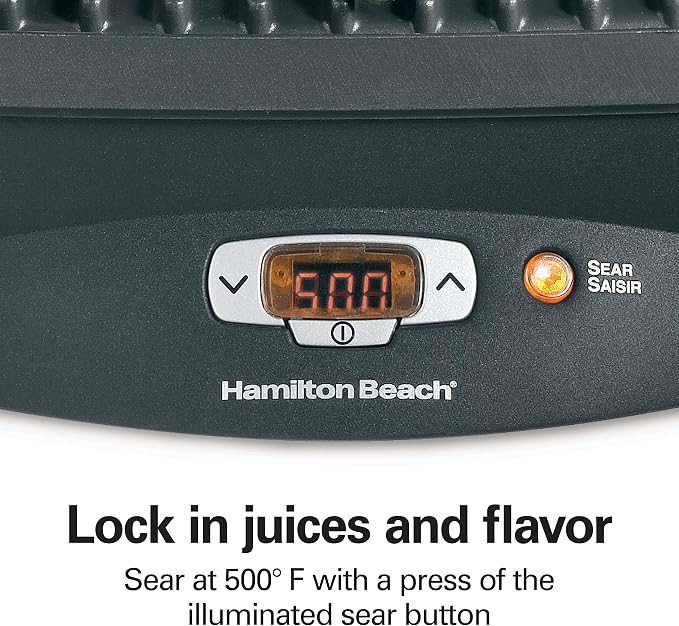 Hamilton Beach Steak Lover's Electric Indoor Searing Grill, Nonstick 100 Square, Stainless Steel (25331), Black and Stainless, Medium | Adjustable Temperature Control To 500° F | Non-Stick PFAS-Free 100 sq. in. Cooking Surface | Black & Stainless Steel