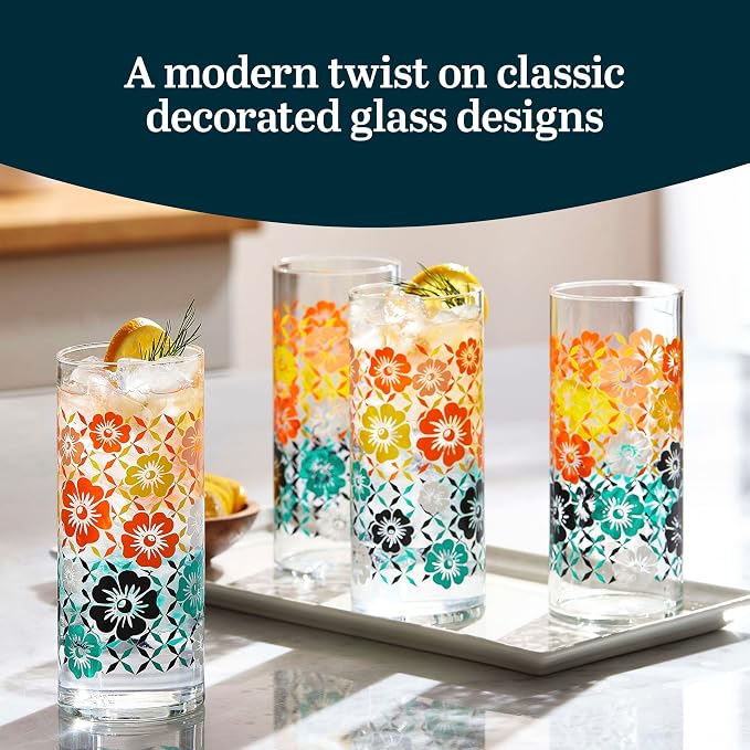Libbey Vintage Flower Drinking Glasses Set of 4, Colorful, Retro Floral Design Glass Cups Set, Dishwasher Safe Water Glasses Set for Beverages